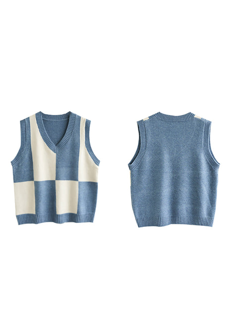 V-Neck Colorblock Plaid Sleeveless Vest Pullover Vest