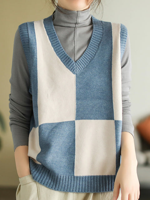 V-Neck Colorblock Plaid Sleeveless Vest Pullover Vest