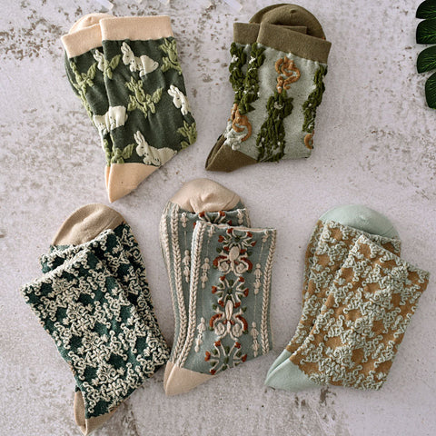 5 Pairs Women Spring Vintage Plant Jacquard Socks