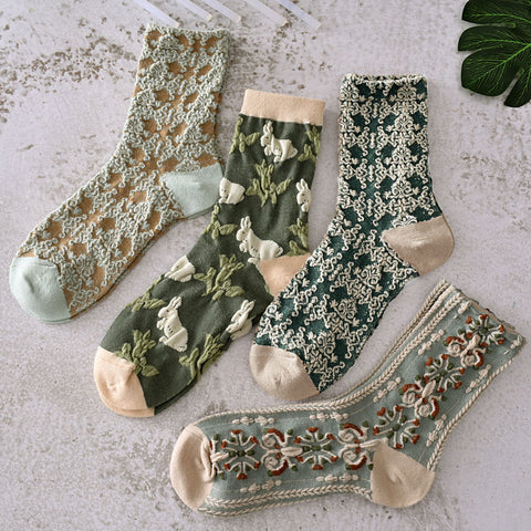 5 Pairs Women Spring Vintage Plant Jacquard Socks