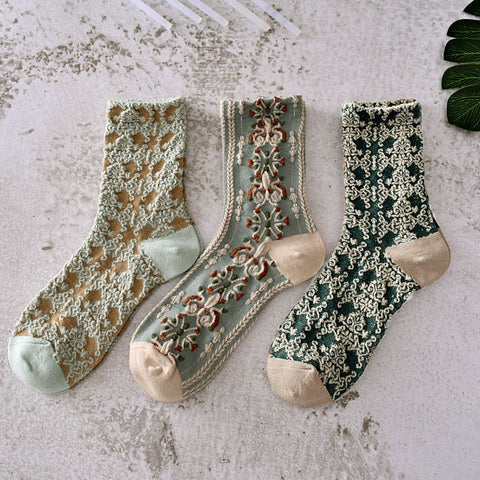 5 Pairs Women Spring Vintage Plant Jacquard Socks