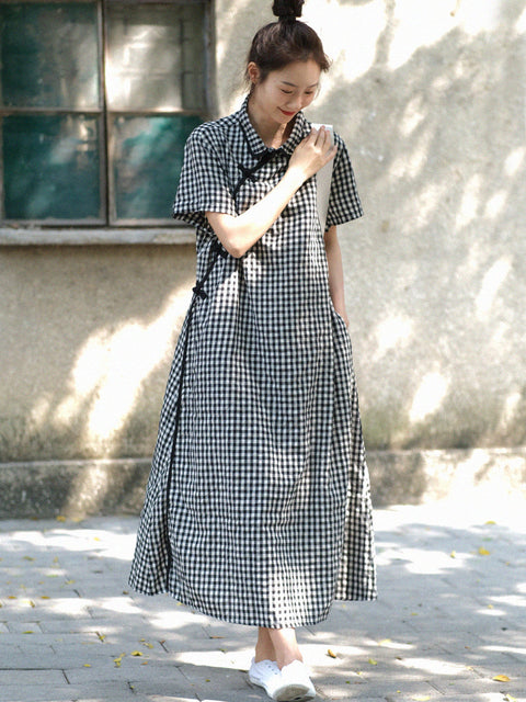 Vestido holgado vintage de verano con estampado de rana y cuadros escoceses para mujer de talla grande