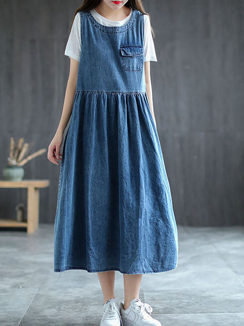 Plus Size Denim Pleated Long Sleeveless Pinafore Dress