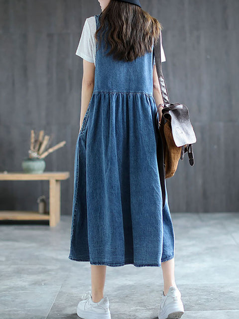 Plus Size Denim Pleated Long Sleeveless Pinafore Dress