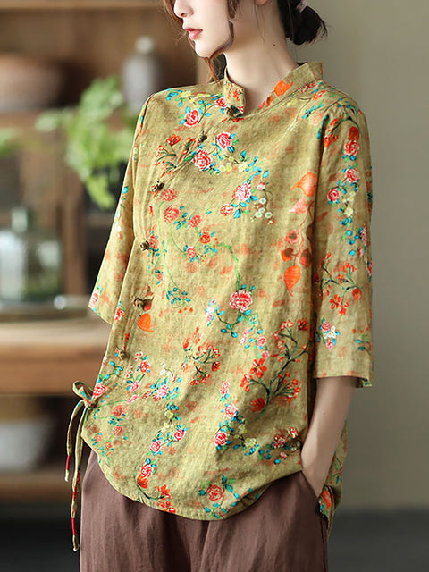 Plus size - Cotton Linen Floral Irregular Vintage Shirt