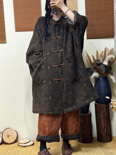 Women Winter Vintage Floral Linen Padded Jacket