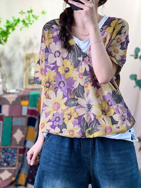 Camisa con cuello en V y botones de punto de flores informales de primavera para mujer