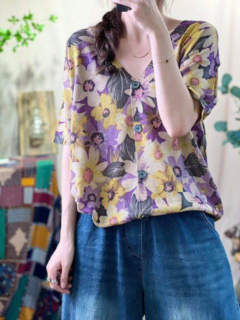 Camisa con cuello en V y botones de punto de flores informales de primavera para mujer