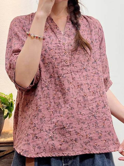 Camisa holgada con botones florales artísticos de verano para mujer de talla grande