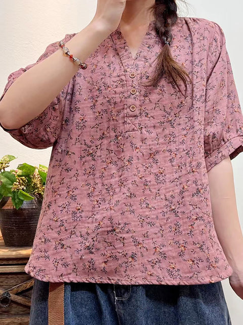 Camisa holgada con botones florales artísticos de verano para mujer de talla grande