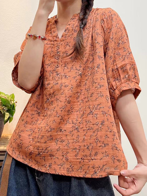 Camisa holgada con botones florales artísticos de verano para mujer de talla grande