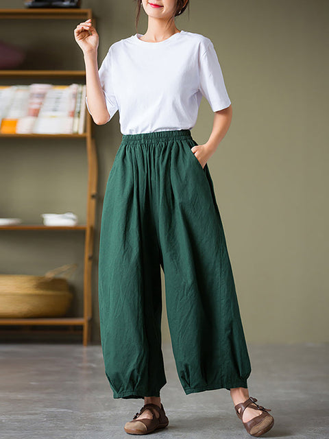 Pantalones casuales tipo farol con bolsillos de lino y algodón de talla grande para mujer